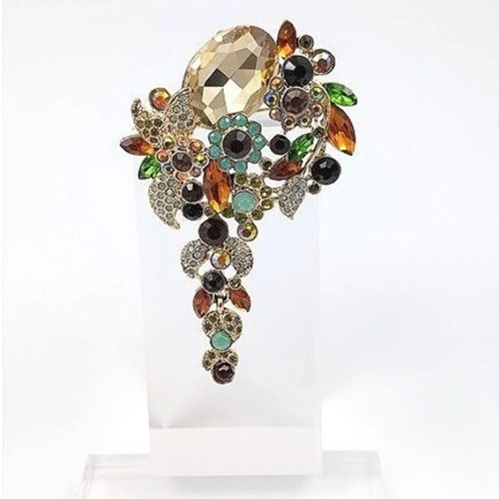 Botanical Rhinestone Brooch Pendant‎ Gold Tone Large Floral Garden Fairy Spring